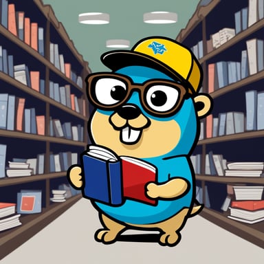 A 2D cartoon style depicts Go Blue Gopher as a nerdy student with eyeglasses, a baseball hat, and a T-shirt, holding books.