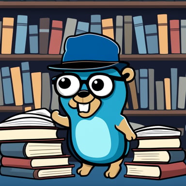 A 2D cartoon style depicts Go Blue Gopher as a nerdy student with eyeglasses, a baseball hat, and a T-shirt, holding books.