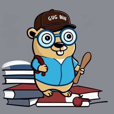 A 2D cartoon style depicts Go Blue Gopher as a nerdy student with eyeglasses, a baseball hat, and a T-shirt, holding books.