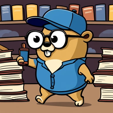 A 2D cartoon style depicts Go Blue Gopher as a nerdy student with eyeglasses, a baseball hat, and a t-shirt, holding books.