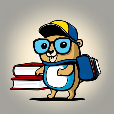 A 2D cartoon style depicts Go Blue Gopher as a nerdy student with eyeglasses, a baseball hat, and a t-shirt, holding books.