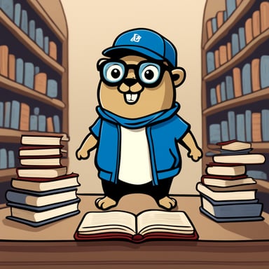 A 2D cartoon style depicts Go Blue Gopher as a nerdy student with eyeglasses, a baseball hat, and a t-shirt, holding books.