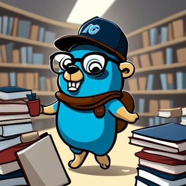 A 2D cartoon style depicts Go Blue Gopher as a nerdy student with eyeglasses, a baseball hat, and a t-shirt, holding books.