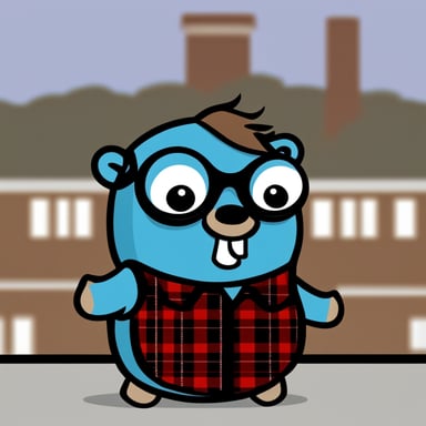 A 2D cartoon style depicts Go Blue Gopher wearing a red plaid flannel shirt.