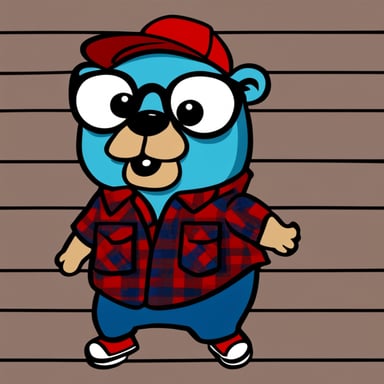 A 2D cartoon style depicts Go Blue Gopher wearing a red plaid flannel shirt.