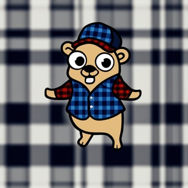 A 2D cartoon style depicts Go Blue Gopher wearing a red plaid flannel shirt.