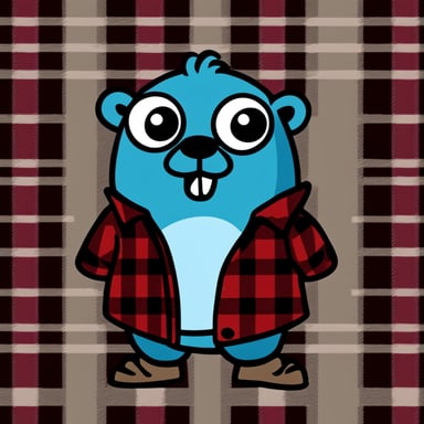 A 2D cartoon style depicts Go Blue Gopher wearing a red plaid flannel shirt.