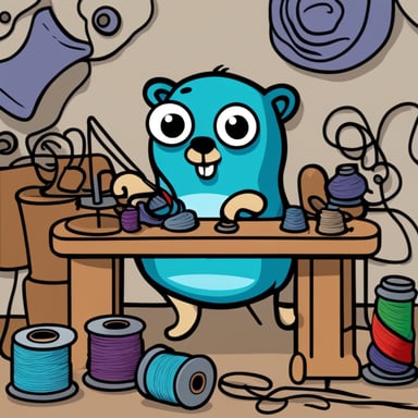 A 2D cartoon style depicts Go Blue Gopher working on sewing something together with thread.