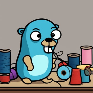 A 2D cartoon style depicts Go Blue Gopher working on sewing something together with thread.
