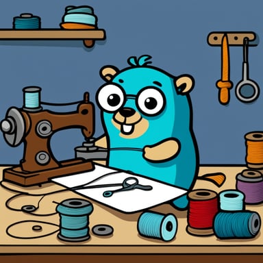 A 2D cartoon style depicts Go Blue Gopher working on sewing something together with thread.