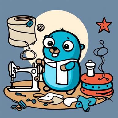 A 2D cartoon style depicts Go Blue Gopher working on sewing something together with thread.