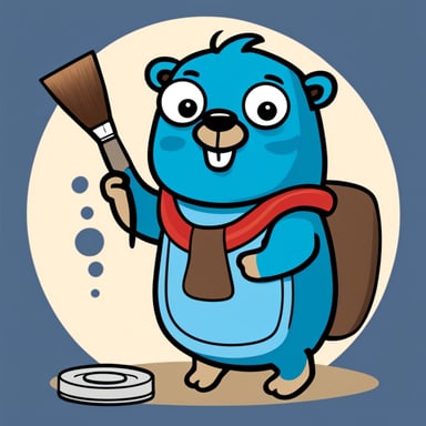 A 2D cartoon style depicts Go Blue Gopher with a paintbrush and paint pallet with multiple colors.