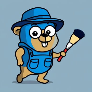 A 2D cartoon style depicts Go Blue Gopher with a paintbrush and paint pallet with multiple colors.