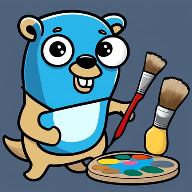 A 2D cartoon style depicts Go Blue Gopher with a paintbrush and paint pallet with multiple colors.