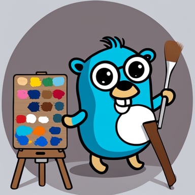 A 2D cartoon style depicts Go Blue Gopher with an artist paint pallet with multiple colors.