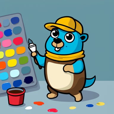 A 2D cartoon style depicts Go Blue Gopher with an artist paint pallet with multiple colors.