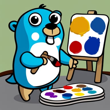 A 2D cartoon style depicts Go Blue Gopher with an artist paint pallet with multiple colors.
