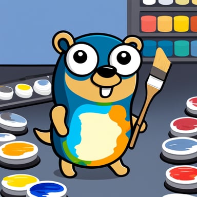 A 2D cartoon style depicts Go Blue Gopher with an artist paint pallet with multiple colors.