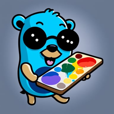 A 2D cartoon style depicts Go Blue Gopher with a paint palette with multiple colors.