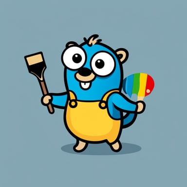 A 2D cartoon style depicts Go Blue Gopher with a paint palette with multiple colors.