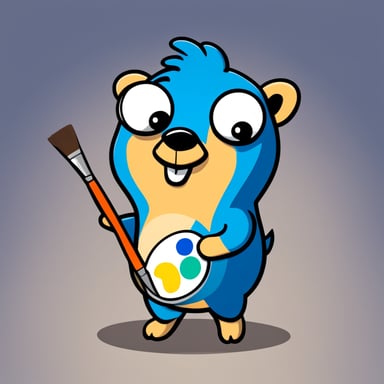 A 2D cartoon style depicts Go Blue Gopher with a paint palette with multiple colors.