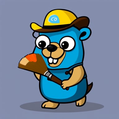 A 2D cartoon style depicts Go Blue Gopher with a paint palette with multiple colors.
