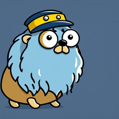 Go Blue Gopher, styled as a cartoon character, sports a long grey beard and hair encircling his head.
