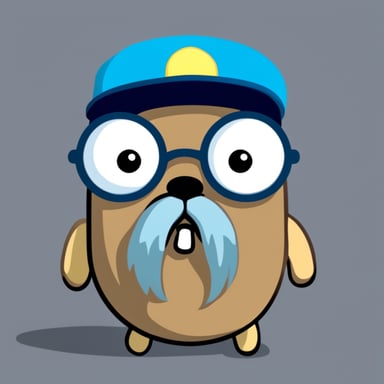 Go Blue Gopher, styled as a cartoon character, sports a long grey beard and hair encircling his head.