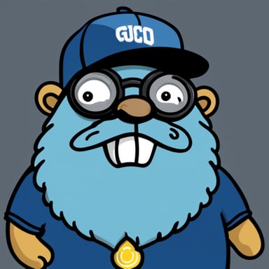 Go Blue Gopher, styled as a cartoon character, sports a long grey beard and hair encircling his head.