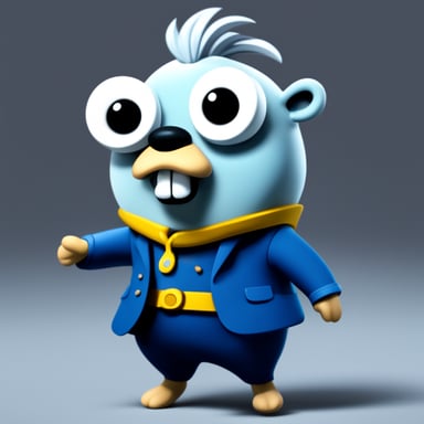 Go Blue Gopher, styled as a cartoon character with long grey hair, stands out with its unique appearance.