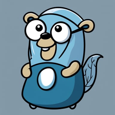 A go blue gopher in a 2D cartoon style with long grey women's hair.