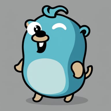 A go blue gopher in a 2D cartoon style with long grey women's hair.