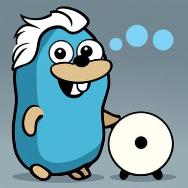 A go blue gopher in a 2D cartoon style with long grey women's hair.