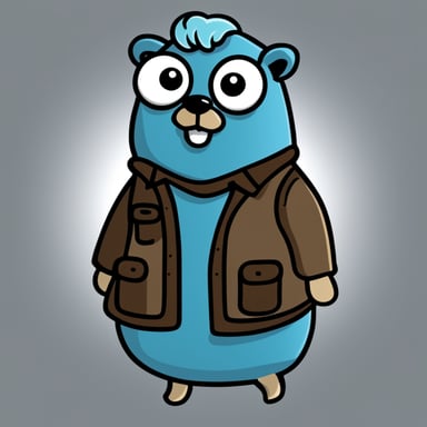 A go blue gopher in a 2D cartoon style with long grey women's hair.