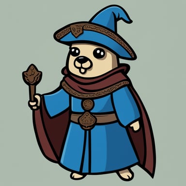 A 2D cartoon-style depiction of Go Blue Gopher wearing medieval clothes including a hat.