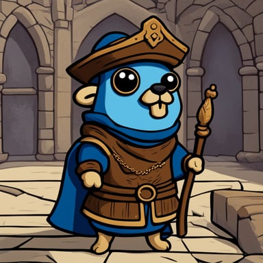 A 2D cartoon-style depiction of Go Blue Gopher wearing medieval clothes including a hat.
