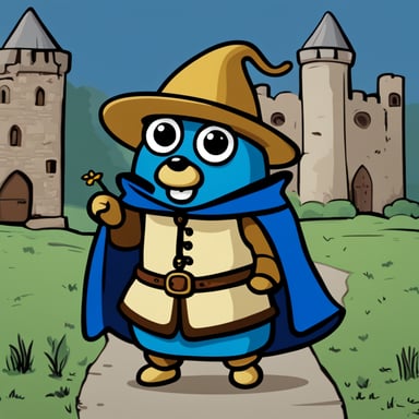 A 2D cartoon-style depiction of Go Blue Gopher wearing medieval clothes including a hat.