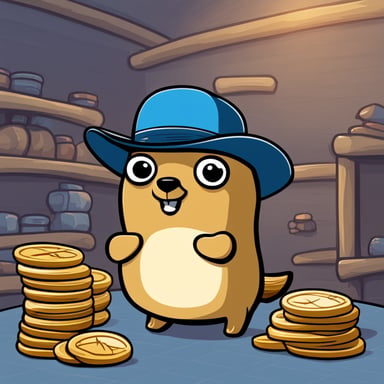A 2D cartoon-style depiction of Go Blue Gopher wearing a merchant hat.