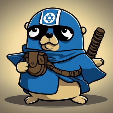 A 2D cartoon-style depiction of Go Blue Gopher wearing an Israeli mitznefet helmet.