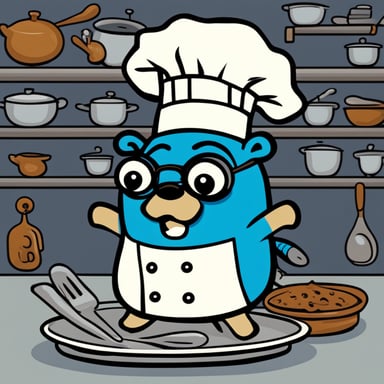 A 2D cartoon-style depiction of Go Blue Gopher wearing a chef's hat.