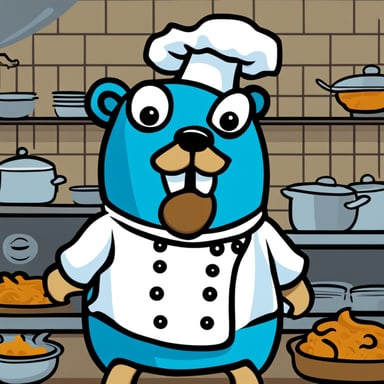 A 2D cartoon-style depiction of Go Blue Gopher wearing a chef's hat.