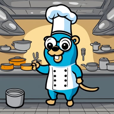 A 2D cartoon-style depiction of Go Blue Gopher wearing a chef's hat.