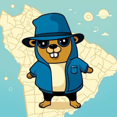 Go Blue Gopher is depicted in a 2D cartoon style, focusing on a map.