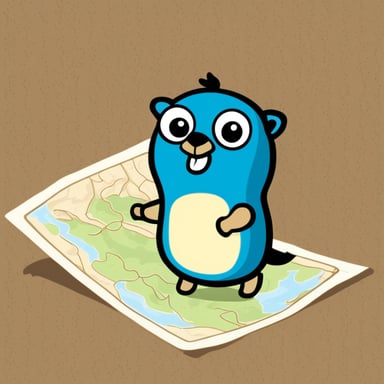 Go Blue Gopher is depicted in a 2D cartoon style, focusing on a map.