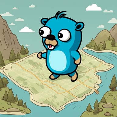 Go Blue Gopher is depicted in a 2D cartoon style, focusing on a map.