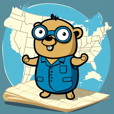 Go Blue Gopher is depicted in a 2D cartoon style, focusing on a map.