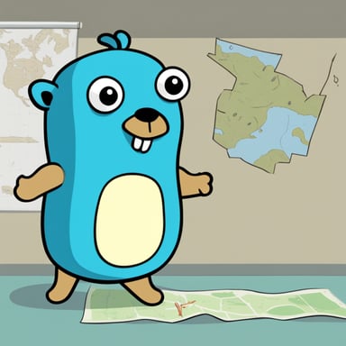 Go Blue Gopher is depicted in a 2D cartoon style, looking at a map on a wall.
