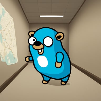 Go Blue Gopher is depicted in a 2D cartoon style, looking at a map on a wall.