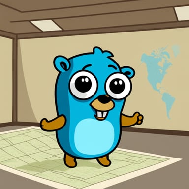 Go Blue Gopher is depicted in a 2D cartoon style, looking at a map on a wall.