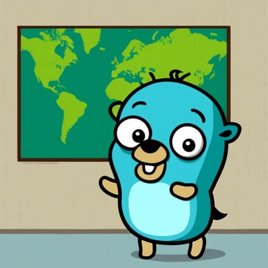 Go Blue Gopher is depicted in a 2D cartoon style, looking at a map on a wall.
